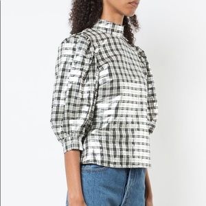 Ganni Silver and Black Plaid Top